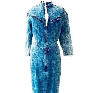 TIMELY TRENDS Vintage‎ 80s Acid Wash Denim Zipper Dress S